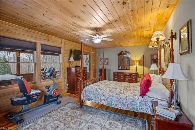 bedroom featuring wood walls, wood-type flooring, and wooden ceiling