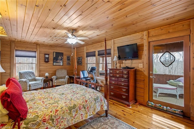 bedroom with light hardwood / wood-style flooring, wooden ceiling, and wood walls