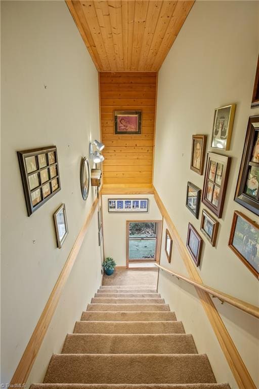 stairway featuring wood ceiling and wooden walls