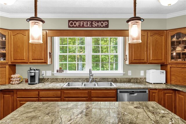 4717 Deaton Rd, Trinity, NC 27370 - kitchen with dishwasher, plenty of natural light, brown cabinets, ornamental molding, and a textured ceiling