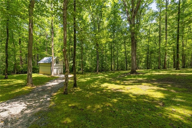4717 Deaton Rd, Trinity, NC 27370 - view of green lawn with an outbuilding, driveway, a forest view, and a garage