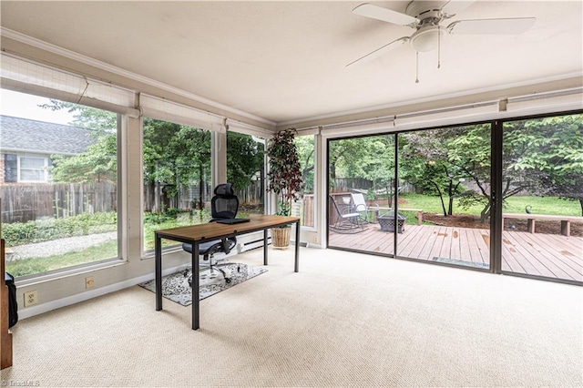 2014 Medhurst Dr, Greensboro, NC 27410 - sunroom / solarium featuring carpet flooring, ornamental molding, a deck, and a ceiling fan