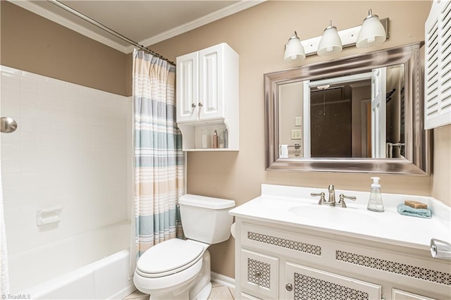 2014 Medhurst Dr, Greensboro, NC 27410 - bathroom with toilet, crown molding, vanity, shower / tub combo with curtain, and baseboards