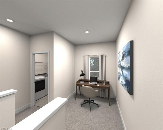 office space featuring baseboards, recessed lighting, and light colored carpet