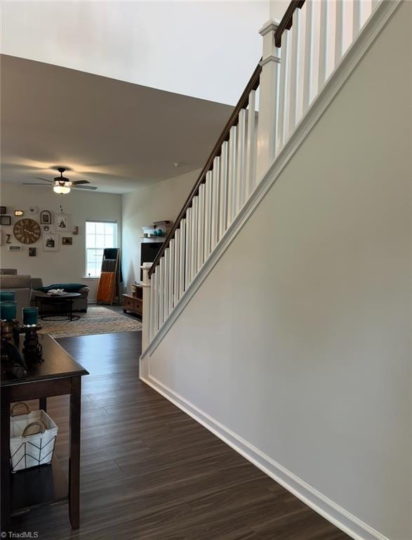 stairs with a ceiling fan, baseboards, and wood finished floors