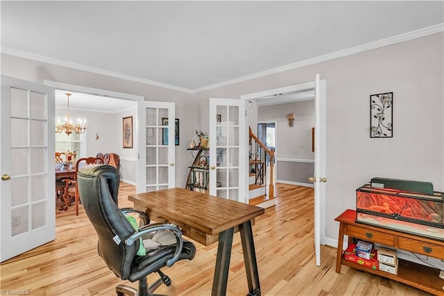 408 Camelot Dr, Salisbury, NC 28144 - office area featuring french doors, a chandelier, crown molding, and light wood-style floors