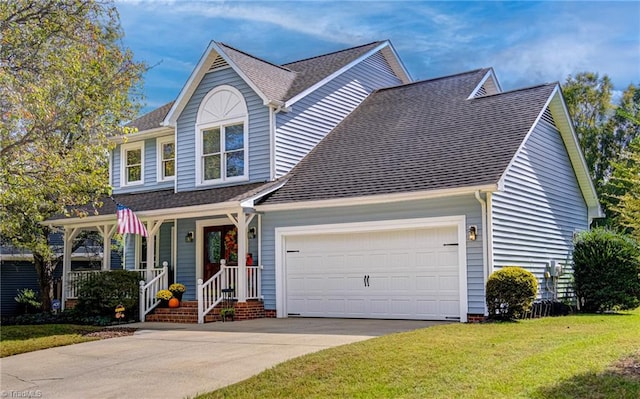 view of front of house featuring a front yard, a garage, and a porch