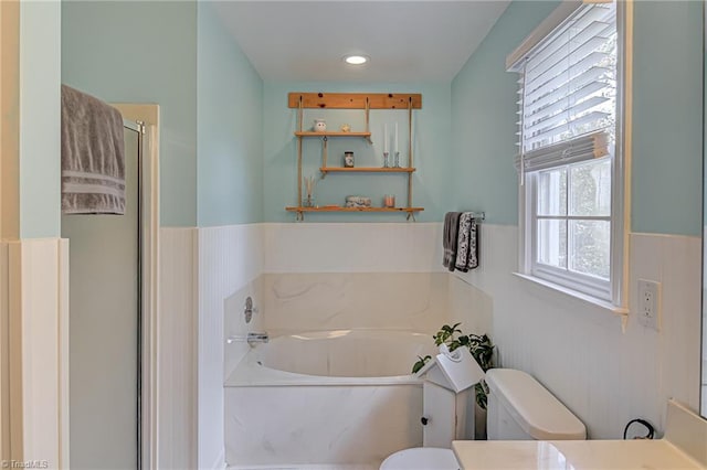 bathroom with toilet and separate shower and tub