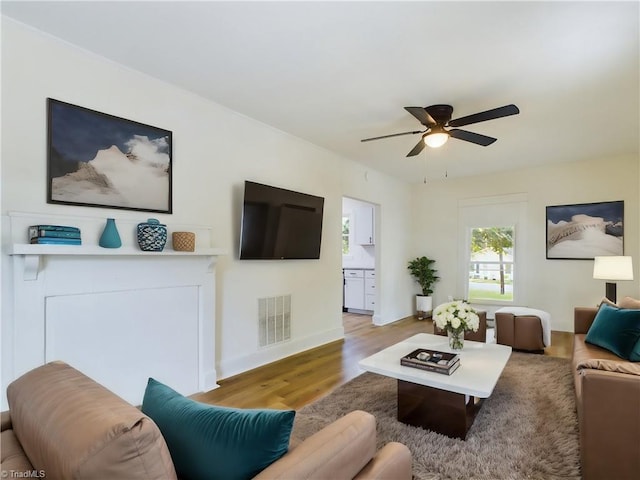 living room featuring light hardwood / wood-style flooring and ceiling fan