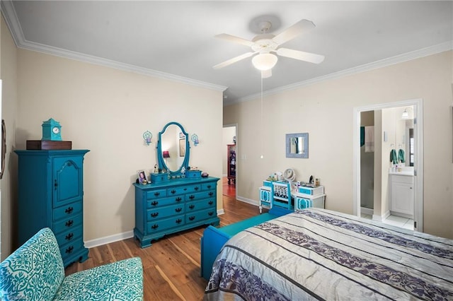 bedroom featuring ceiling fan, wood finished floors, baseboards, and ornamental molding