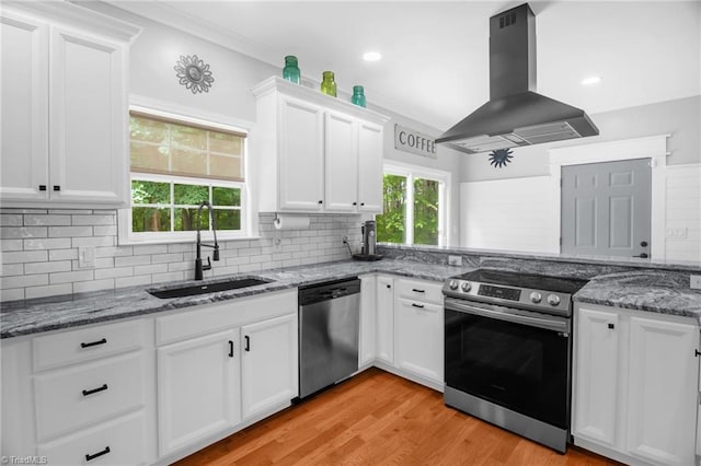 3080 Shiloh Church Rd, Winston-Salem, NC 27105 - kitchen featuring stainless steel appliances, island exhaust hood, a sink, white cabinets, and light wood-style floors