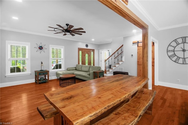 3080 Shiloh Church Rd, Winston-Salem, NC 27105 - dining space with stairs, recessed lighting, a ceiling fan, baseboards, and wood finished floors