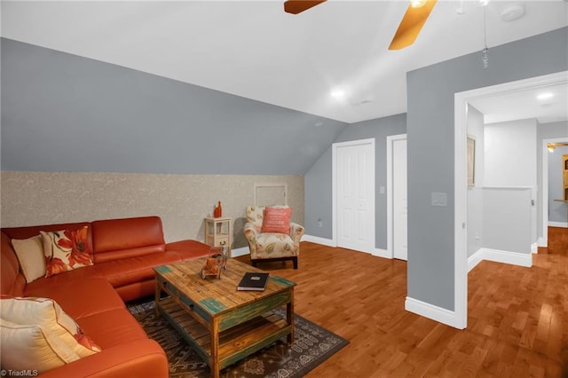 3080 Shiloh Church Rd, Winston-Salem, NC 27105 - living area featuring wood finished floors, a ceiling fan, baseboards, and vaulted ceiling