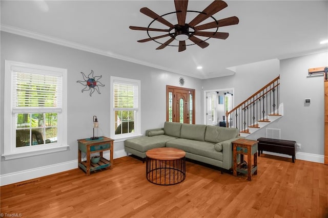 3080 Shiloh Church Rd, Winston-Salem, NC 27105 - living area featuring a ceiling fan, baseboards, light wood-style flooring, crown molding, and recessed lighting