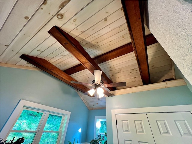 room details featuring ceiling fan, beam ceiling, and wood ceiling