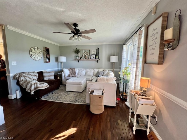 living room featuring crown molding, ceiling fan, a textured ceiling, and dark wood-type flooring