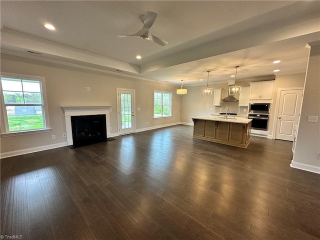 122 Jasper Ct, King, NC 27021 - kitchen with appliances with stainless steel finishes, wall chimney exhaust hood, open floor plan, a tray ceiling, and ceiling fan