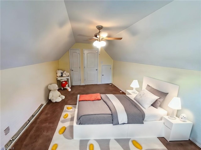 bedroom featuring ceiling fan and vaulted ceiling