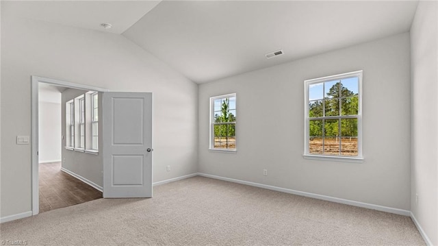 empty room with carpet, a healthy amount of sunlight, and lofted ceiling