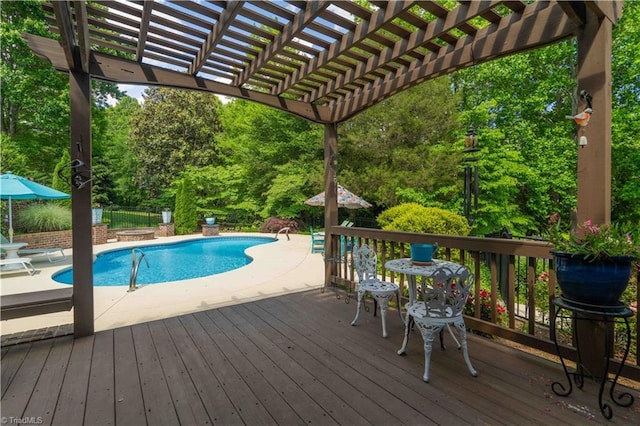 8116 Glengarriff Rd, Clemmons, NC 27012 - view of swimming pool with a wooden deck, a pergola, fence, and a patio area