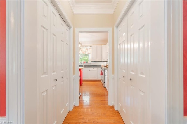 8116 Glengarriff Rd, Clemmons, NC 27012 - corridor featuring crown molding and light wood finished floors