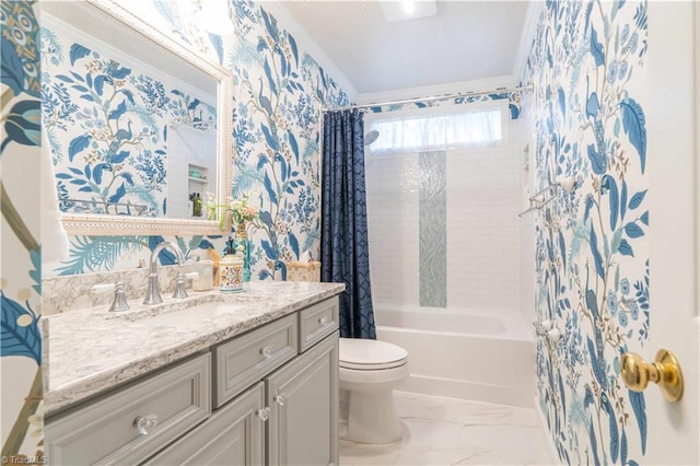 8116 Glengarriff Rd, Clemmons, NC 27012 - full bathroom with wallpapered walls, toilet, vanity, shower / tub combo, and marble finish floors