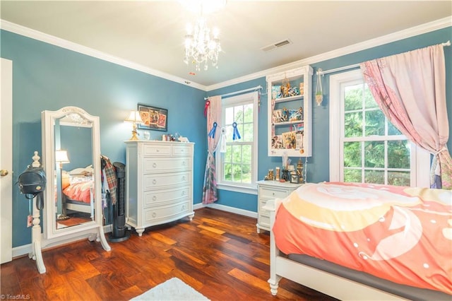 8116 Glengarriff Rd, Clemmons, NC 27012 - bedroom featuring multiple windows, dark wood-style flooring, a chandelier, baseboards, and ornamental molding
