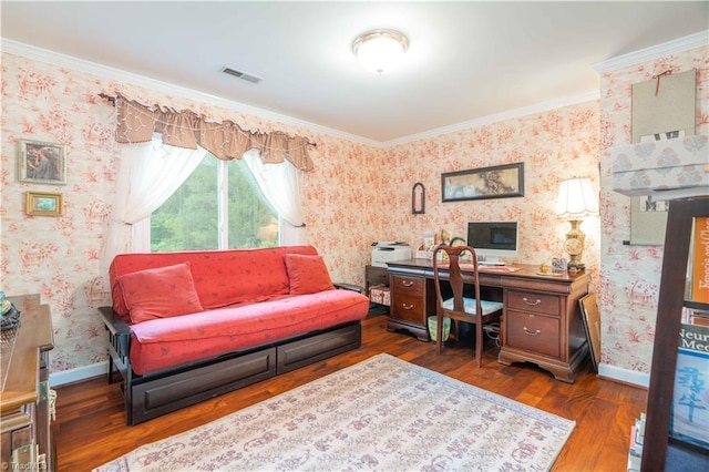 8116 Glengarriff Rd, Clemmons, NC 27012 - office area featuring wallpapered walls, ornamental molding, wood finished floors, and baseboards