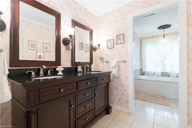 8116 Glengarriff Rd, Clemmons, NC 27012 - bathroom featuring wallpapered walls, crown molding, double vanity, tile patterned flooring, and a tub
