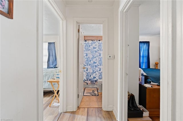 hallway featuring a textured ceiling, crown molding, and light wood-type flooring