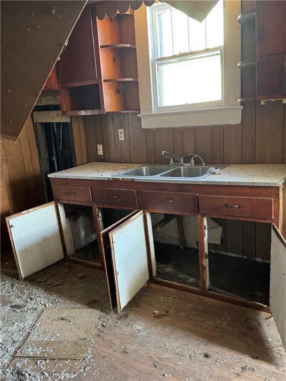 kitchen with sink and wooden walls