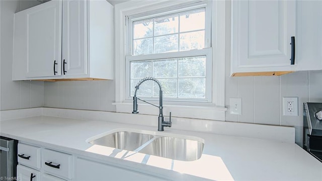 kitchen with stainless steel dishwasher, white cabinetry, and sink