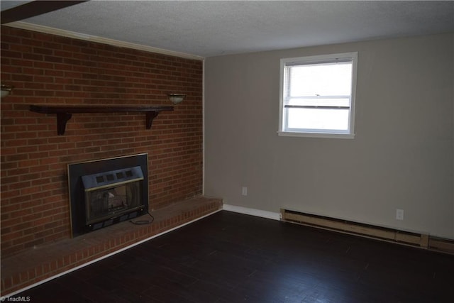 unfurnished living room with dark hardwood / wood-style floors, a textured ceiling, and a baseboard radiator