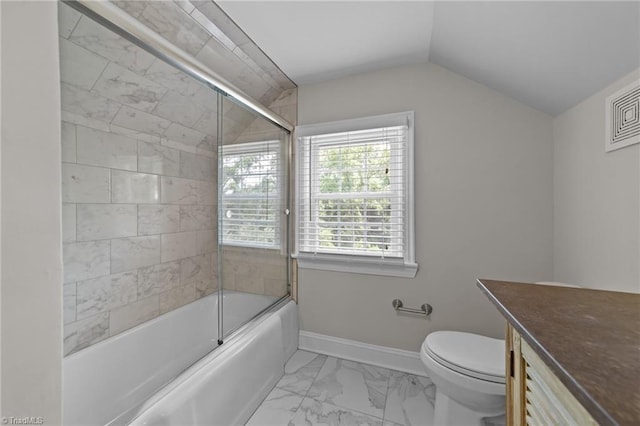 1810 Elm St N, Greensboro, NC 27408 - bathroom with marble finish floors, vaulted ceiling, bath / shower combo with glass door, and vanity