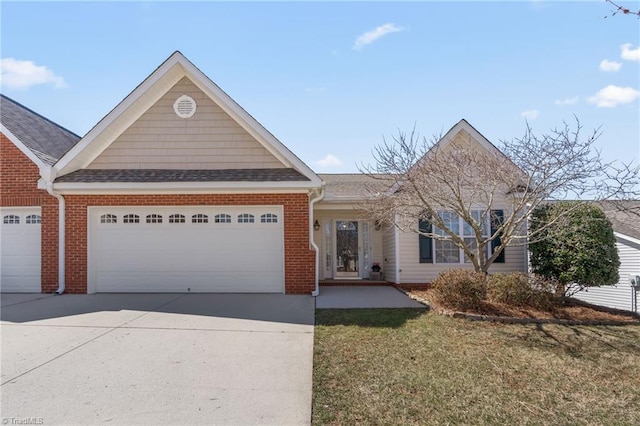 ranch-style home featuring brick siding, an attached garage, concrete driveway, and roof with shingles