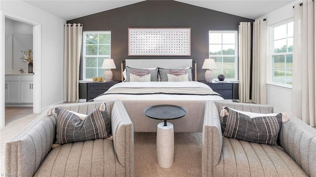 carpeted bedroom featuring sink and vaulted ceiling