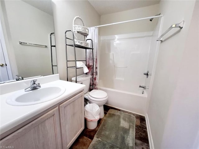 full bathroom featuring toilet, vanity, and shower / bathtub combination with curtain