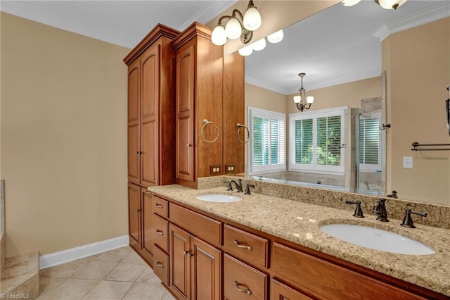 bathroom featuring tile patterned flooring, walk in shower, an inviting chandelier, crown molding, and vanity