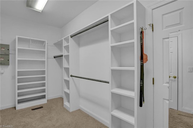 spacious closet featuring light carpet