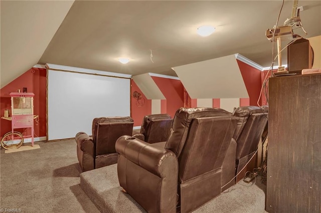 home theater with lofted ceiling, baseboards, and carpet floors