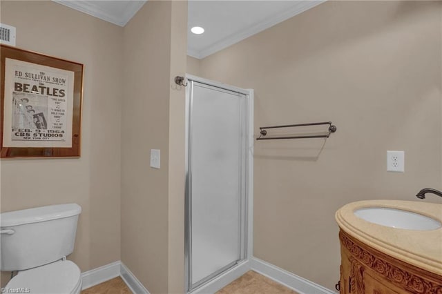 bathroom with toilet, crown molding, an enclosed shower, tile patterned floors, and vanity