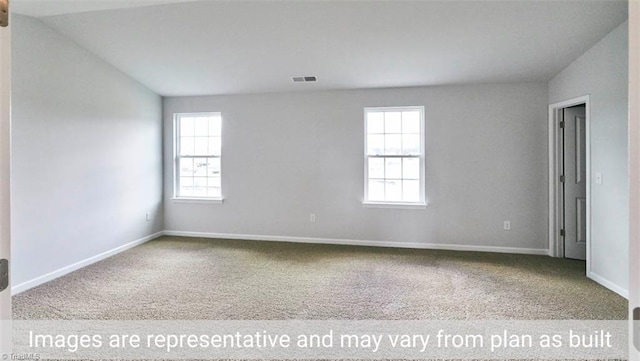 carpeted empty room with plenty of natural light and lofted ceiling