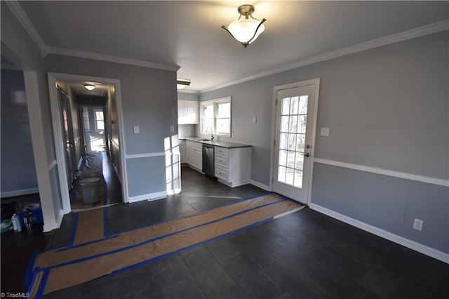 entryway with sink, ornamental molding, and dark wood-type flooring