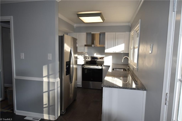 kitchen with sink, stainless steel appliances, wall chimney range hood, crown molding, and white cabinets