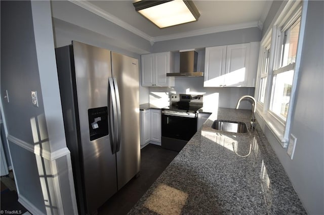 kitchen featuring wall chimney exhaust hood, stainless steel appliances, crown molding, sink, and white cabinetry