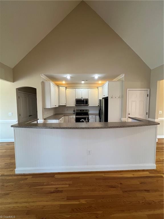 kitchen with stainless steel appliances, high vaulted ceiling, a peninsula, and wood finished floors