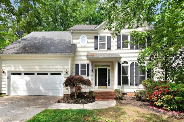 4507 Brandt Ridge Dr, Greensboro, NC 27455 - colonial home featuring an attached garage, a shingled roof, and concrete driveway