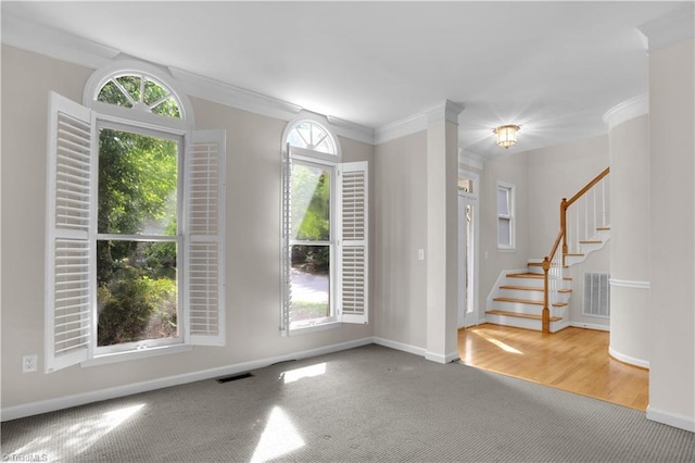 4507 Brandt Ridge Dr, Greensboro, NC 27455 - interior space featuring stairway, baseboards, ornamental molding, and visible vents