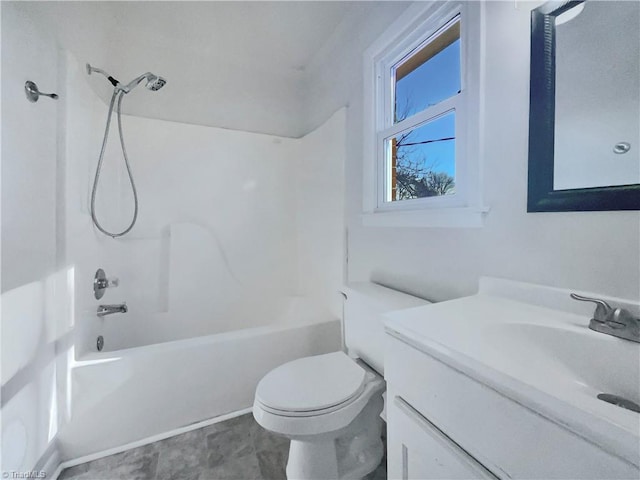 full bathroom with vanity, bathtub / shower combination, and toilet