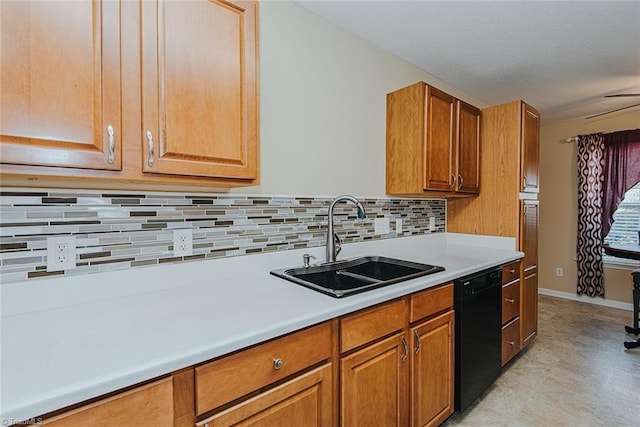 101 Kingston Ln, Graham, NC 27253 - kitchen featuring dishwasher, light countertops, decorative backsplash, and brown cabinets